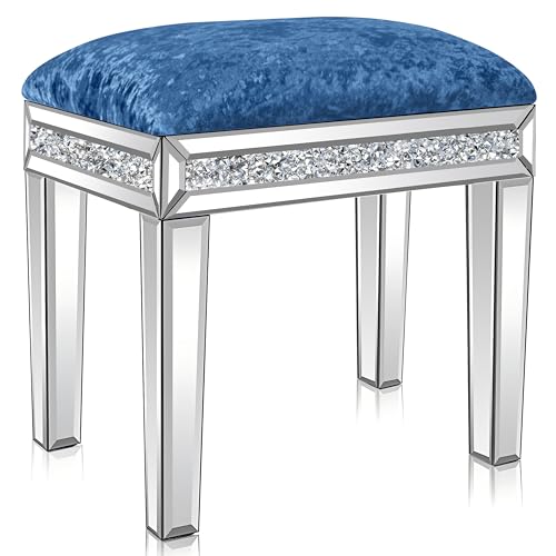 blingworld Mirrored Vanity Stool with Crushed Diamond Inlay Velvet Cushion 19.7'' Tall Stylish Makeup Chair for Bedroom, Vanity Chair, Ottoman for Living Room,Blue