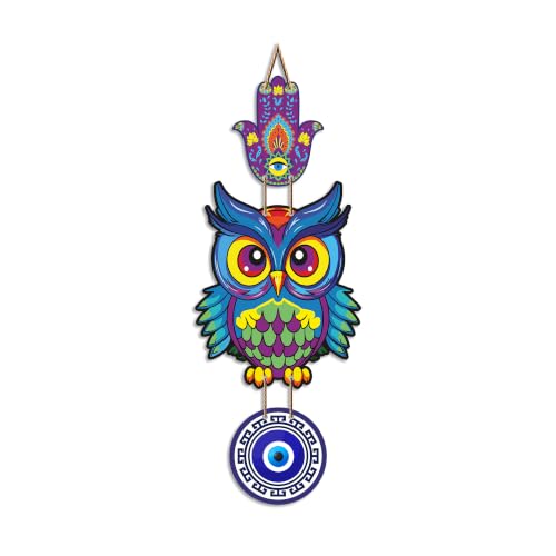 Image of Artvibes Multicolor Owl Evil Eye Wall Decor for Home Entrance | Nazar Battu MDF Decorative Hanging | Positive Energy Vastu Art for Living Room | Balcony | Office & Main Door | Gift Item (WH 8527N)