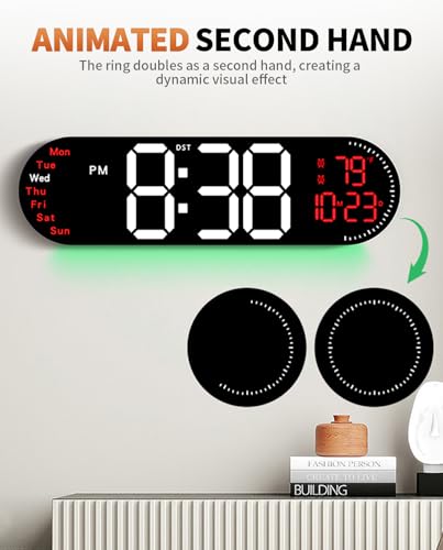 Image of 17.2 Inch Large Digital Wall Clock with 9 Color Changing Remote Control, Date Week Temperature, Auto Brightness Dimmer Big Clock Night Lights,Red