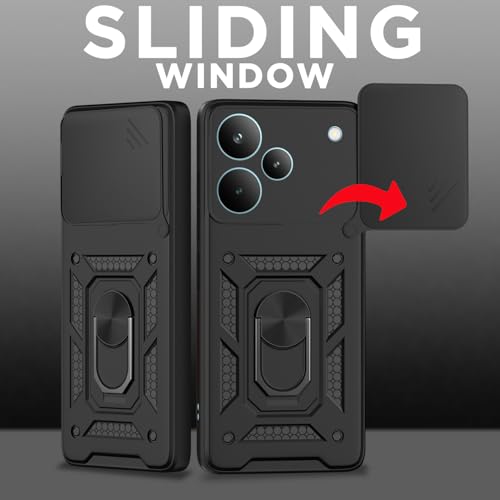 Image of Pikkme Back Cover for Realme P4 Pro 5G | D10 Tough Armor | 360 Protection Case | Sliding Camera Shield Cover & Ring Holder Stand Bumper Case (Black)