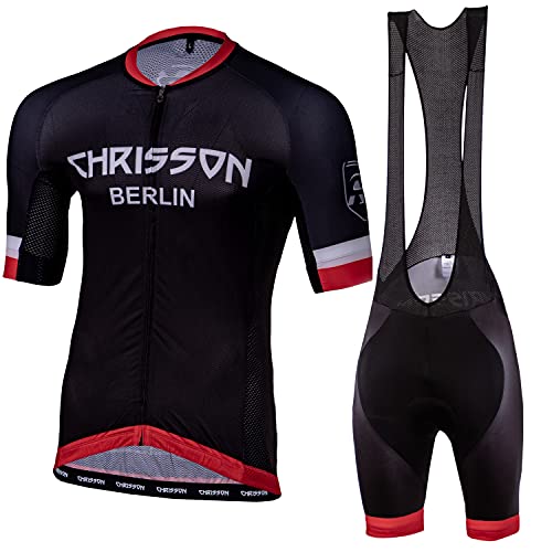 CHRISSON Essential - Conjunto de maillot de ciclismo para hombre, camiseta de manga corta y pantalón corto con acolchado de gel, transpirable y de secado rápido, camiseta de ciclismo con cremallera Cover