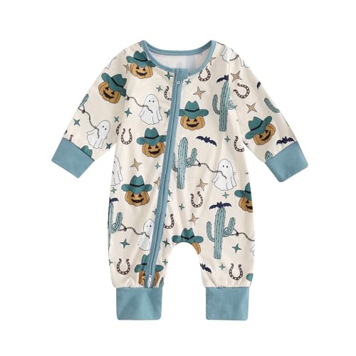 baorji Halloween Baby Boy Girl Clothes Pumpkin Ghost Long Sleeve Romper Zipper Onesie Jumpsuit Footless Playsuit Fall Outfits (Blue, 6-12 Months)