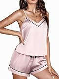 Ekouaer Satin Pajamas Women's Soft Sleepwear Lingerie Silk Cami Shorts Set Nightwear Pink,Large