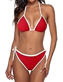 Zonsaoja Women String Bikini Halter Side Tie Two Piece Swimsuit Color Block Triangle Bathing Suits Redwhite S