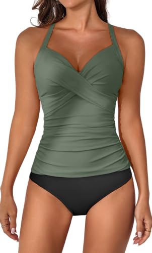 B2prity Women's Tankini Swimsuits Tummy Control Ruched V Neck Bathing Suit