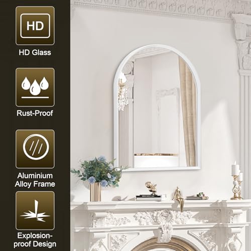 Image of Arched Wall Mirror, Brushed Metal Frame Mirror, Arch Bathroom Vanity for Living Room Bedroom Mantel Entryway Hallways Home Decor Aluminum Alloy Frame 20 inchx16 inch