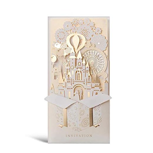 Hosmsua 50PCS Light Gold Blank Wedding Invitations Kit 4.1x8.5 inch 3D Laser Cut Castle Bride & Groom Pocket Wedding Invitation with Envelopes for Wedding Invite