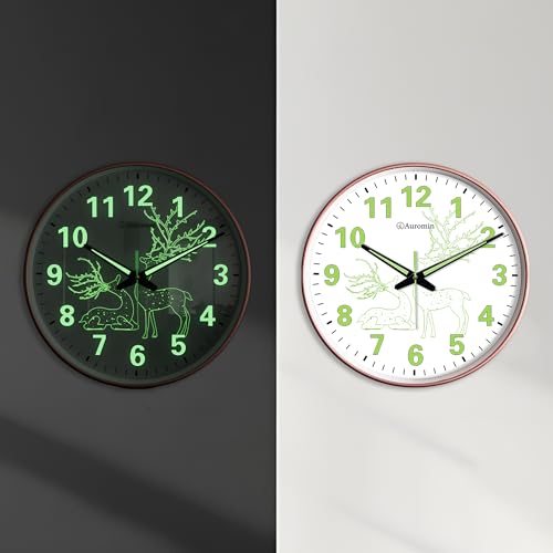 Image of Auromin Antique Radium Glass Wall Clock Night Glow for Bedroom | Night Light Silent Glass Wall Watch for Living Room, Living Room, Study (Clock-GL-Deer-RDM-DYNY)
