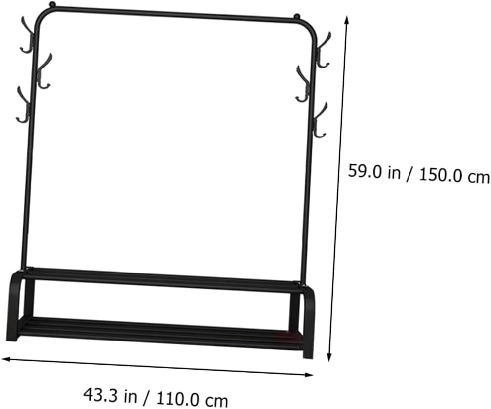 BESTonZON Clothes Stand with 6 Hooks Black Double-tier Floor Garment Rack 110cm Wide Metal Clothes Hanger Storage Holder for Jackets and Coats in Home and Office