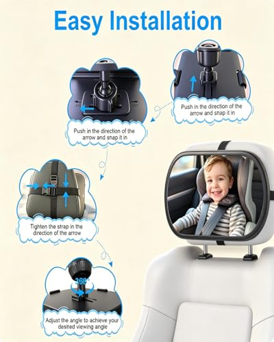Image of Baby Car Mirror for Backseat - Rear Facing Car Seat Mirror Safety for Infant Newborn - Easily Observe the Baby Move,Clear Wide View,360Rotation, Secure, Shatterproof - Black