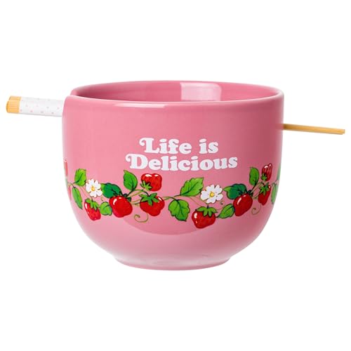 Silver Buffalo Strawberry Shortcake Vintage Life Is Delicious Ceramic Ramen Noodle Rice Bowl with Chopsticks, Microwave Safe, 20 Ounces