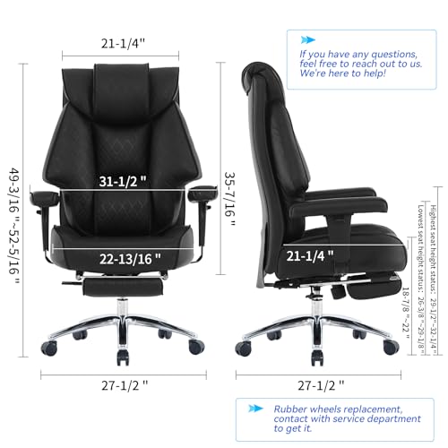 Big and Tall Office Chair with Footrest, PU Leather High Back Executive Office Chair 400lbs, Ergonomic Computer Chairs Lumbar Support for Heavy People (All Black)