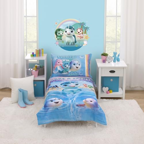 Image of DreamWorks Not Quite Narwhal Make A Splash Blue and Lavender, Unicorn Kelp, and Friends 4 Piece Toddler Bed Set - Comforter, Fitted Bottom Sheet, Flat Top Sheet, and Reversible Pillowcase
