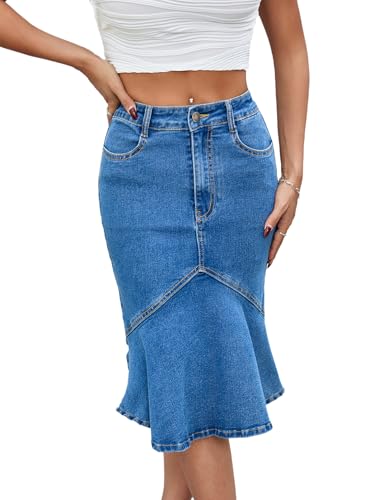 Women's Fishtail Denim Skirt Mid Rise Patchwork Below Knee Length Flared Jean Skirts