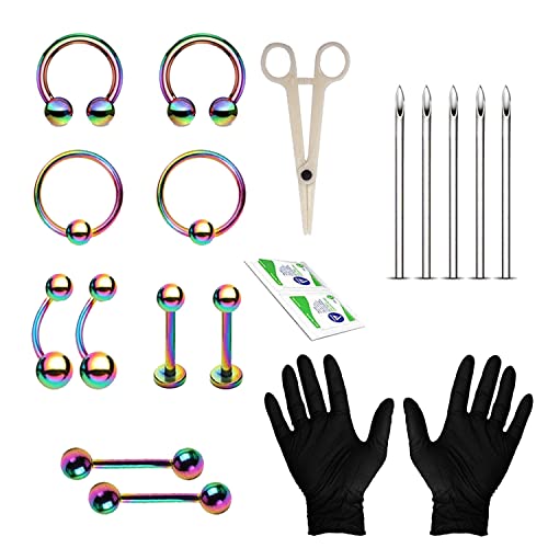 BodyJ4You 20PC Pro Piercing Kit BCR CBR Belly Labret Tragus Nipple Nose 14G Rainbow Body Jewelry
