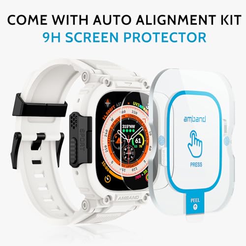 Image of amBand Bands Case Screen Protector Compatible with Apple Watch Ultra 3 /2 /1 49mm, M1 Sport Series Rugged Cover Strap and 9H Tempered Glass Film, Protective Bumper for iWatch 49 mm Men White