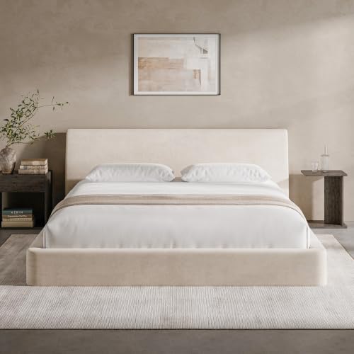 Image of RECCI AirFrame King Size Bed Frame with Ergonomic Angled Headboard, 360 Cushioned Platform Bed Frame, Low Profile Minimalist Soft-Frame Bed, No Box Spring Needed, Easy Assembly, Beige Chenille