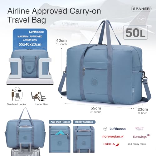 SPAHER Reisetasche Handgepäck Tasche 55x40x23 Lufthansa Wizzair Eurowings Leichte Reisetasche Groß Faltbare 50L wasserdichte Tasche Flugzeug Travel Duffle Bag Cabin Bag Weekender Damen Herren