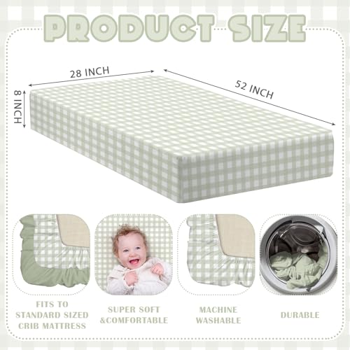 Image of Peryiter 2 Pack Gingham Crib Sheets for Girls Boys Green Bed Sheet Set Fitted 52'' x 28 inch for Standard Crib Mattress Stretchable Soft Toddler Aesthetic Nursery Decor