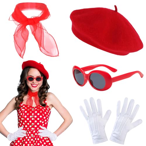 KECDRU Rockabilly Accessoires Damen Rot 50er 60er 1950s Französisches Kleid Zubehör Baskenmütze Schal Sonnenbrille Handschuhe Vintage Kleidung Set...