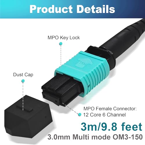 Image of GwliUni 2Pcs 3m MPO Patch Cord, OM3-150 Multi-Mode Cable Jumper Plug, Female to Female, 12 Core 6 Channel Type B, PC end face, LSZH 3.0mm, Compatible with 8 Core 4 Channel MPO