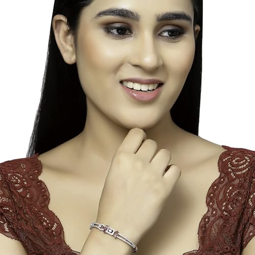 Image of ZENEME Rhodium-Plated American Diamond Studded Flower Patterned Kada Bracelet For Girls and Women