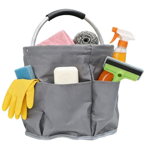 Hiuyavy Cleaning Caddy with Handle, 17L Foldable Cleaning Bucket Organizer with 6 Small Pocket for Space Saving, Multi Pocket Tool Bag for Home Kitchen Bathroom Office (Grey)
