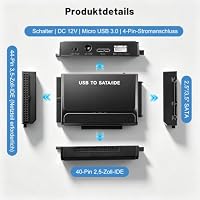 Wowfast USB 3.0 zu IDE/SATA Adapter mit Micro-B, Externer Festplatten Adapter für 2,5" & 3,5" HDD/SSD, IDE/SATA Konverter mit 12V Netzteil, kompatibel mit Windows, Mac OS & Linux – Ansicht 4