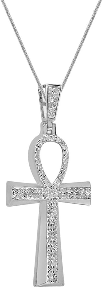 Real Genuine Authentic Natural Diamonds 0.60 Cwt. 14K Gold Finish Egyptian Ankh Cross Pendant Charm Franco Chain Neckless Set 2.00 Inch.