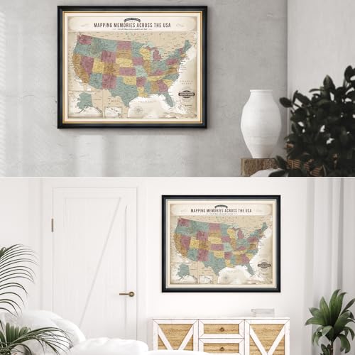 Image of DECORARTS - Personalized Push Pin Travel Map USA, Custom Name, Pin Board Canvas Wall Art, Soft Vintage Pastel United States Decor, Optional Wood Frame, Giclee Print, Handcrafted in USA, 30x24''