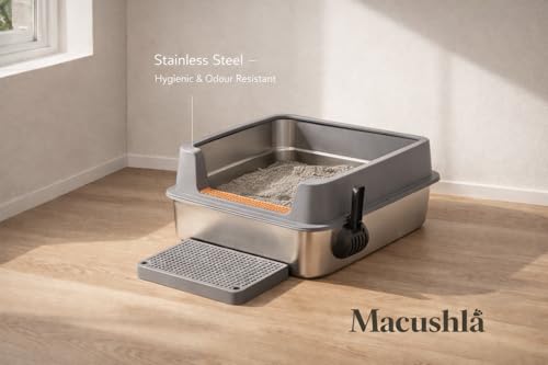Image of Macushla Stainless Steel Cat Litter Box Half Covered with High Walls 60 * 40 * 25 cms, Anti-Scatter Design, Rust Proof Metal Litter Tray with Scoop & Mat for Kittens and Adult Cats