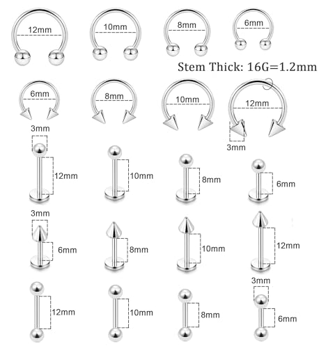 40Pcs 16G Lip Rings Surgical Steel Snake Bite Jewelry Labret Monroe Barbell Daith Tragus Helix Piercing Nose Septum Jewelry for Women Men 6mm/8mm/10mm/12mm4