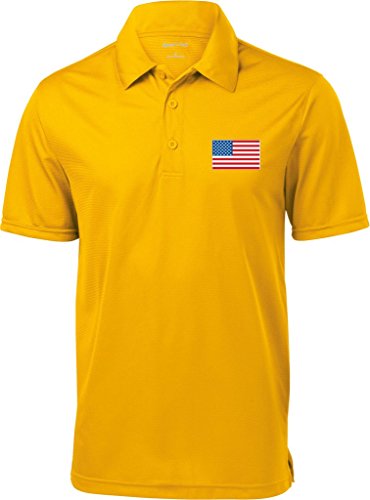 Mens US Flag (Pocket Print) Textured Polo Shirt, Gold, Medium