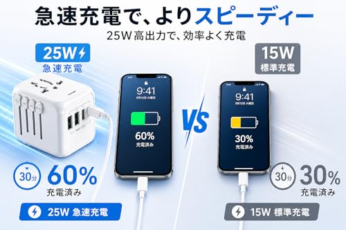 【PD 25W 急速充電】海外変換プラグ 世界200ヶ国対応 5台同時充電 (USB-C×2/USB-A×2) 変換アダプター 留学 旅行 便利グッズ 韓国 台湾 香港 EU UK AU US対応 多機能