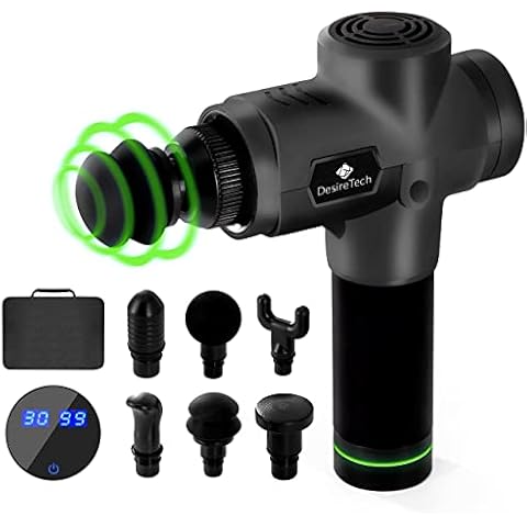 DESIRETECH Massage Gun | Portable, Handheld, Muscle Massager w/ 6 Massage Heads, 20 Speeds & LCD Touch Screen | Ultra Quiet, Rechargeable, Cordless Percussion Device Ideal for Deep Tissue Pain Relief Cover