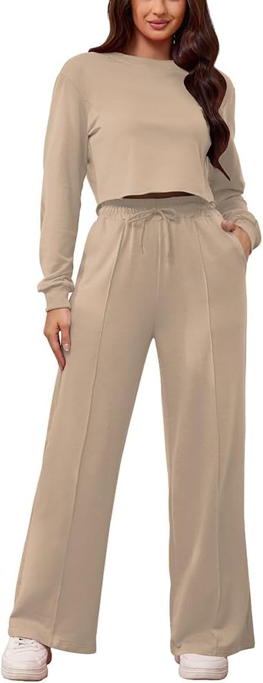 PINSV Women's 2 Piece Outfits Sweatsuit Set Long Sleeve Crop Top Drawstring Wide Leg Pants with Pockets Tracksuits Casual Set - Image 5