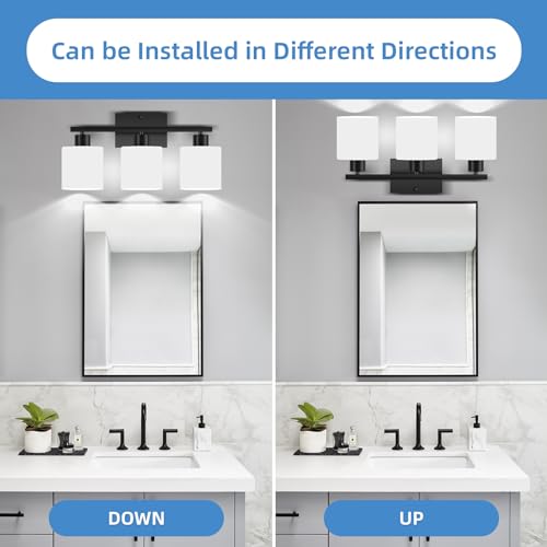 Image of SILAMPDI Black 3-Light Bathroom Vanity Light Fixtures Over Mirror, Modern Wall Sconces with Milky White Glass Shades for Living Room Hallway Cabinet, E26 Base(Bulbs Not Included)