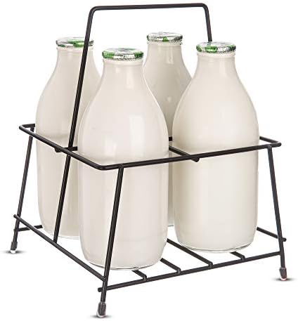 FiNeWaY Nostalgia Milk Bottle Holder Wire Tidy Crate Rack Carry Carrier Doorstep Store Drink Kitchen Storage Organiser Caddy with Integrated Handle (4 Bottle Rack)