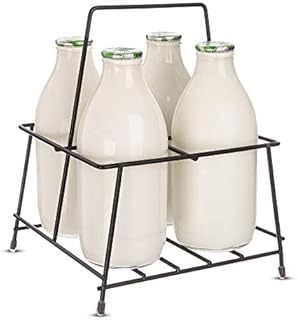 FiNeWaY Nostalgia Milk Bottle Holder Wire Tidy Crate Rack Carry Carrier Doorstep Store Drink Kitchen Storage Organiser Caddy with Integrated Handle (4 Bottle Rack)