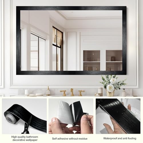 Image of Black Colour Wood Border Wallpaper Peel and Stick Wooden Contact Paper for Countertops Border, Wall Corners Stickers and Wall Decor Waterproof Self Adhesive 6x120 Inch