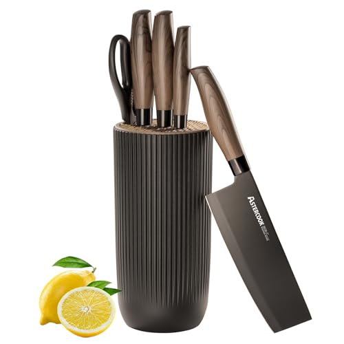 Astercook 6 Piece Black Kitchen Knife Set, Non-stick Stainless Steel Knife Block Set, Anti-Rust Dishwasher Safe Knife Set with Block