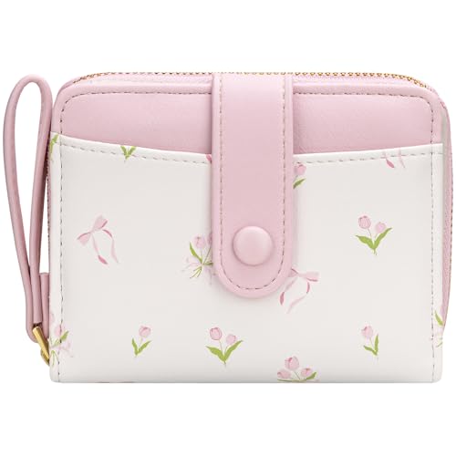 Image of BIAOTIE Wallet for Women Cute Floral Flower Wallet RFID Credit Card Holder Purse Small Bifold Zipper Coin Pocket Purse with ID Windows (T- Pink)