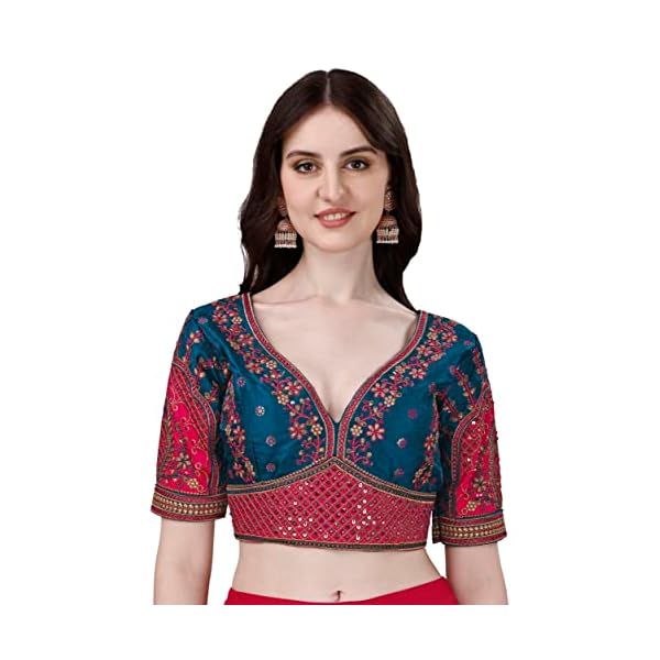 Sumaira Tex Women's Heavy Embroidery Coding with Sequins Work Half Sleeves Fancy Readymade Saree Blouse - Image 4