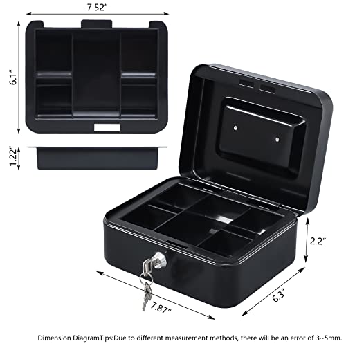 Kyodoled Medium Cash Box With Money Tray,Small Safe Lock Box With Key,Cash Drawer,7.87"X 6.30"X 3.54" Black Medium #TOP4
