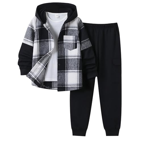 Image of 2Pcs Boys Clothes Sweatsuit Set Hoodie Flannel Plaid Shirt and Jogger Pants for Kids Fall Winter Spring Outfits