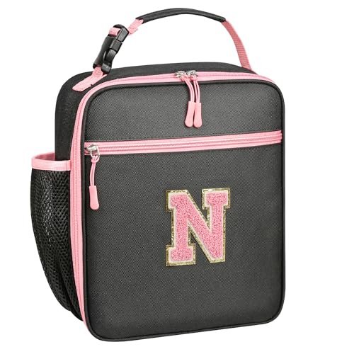 WOBAGMEN Initial Lunch Box for Women Girls,Insulated Lunch Bag with Monogram Letter,Cute Personalized Thermal Lunch Box for Teens Kids Adult for Work Camping Back to School Gift (pink, N)
