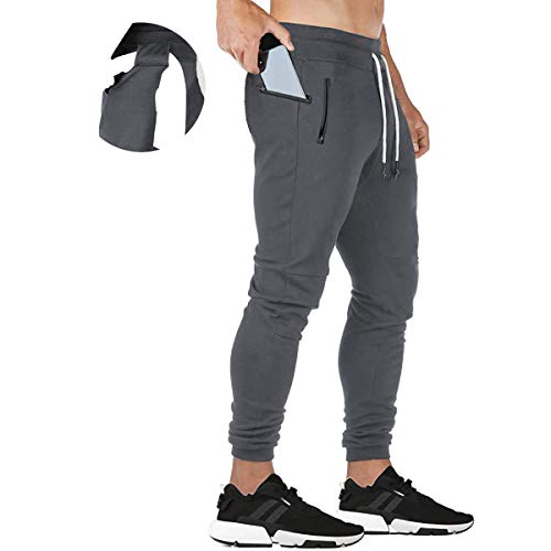 Annystore Fashion Mens Athletic Joggers Sweatpants Casual Workout Gym Pants Tapered Trousers with Zipper Pocket Grey
