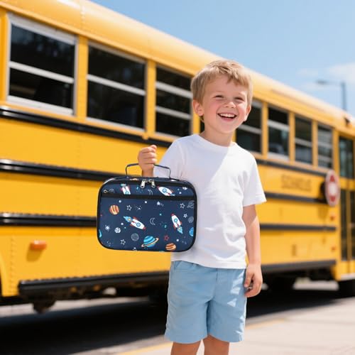 Image of Lunch Box for Kids Boys Insulated Lunch Bags Toddler Lunch Tote Bag Thermo Picnic Cooler Bag for School Children (Spaceship-Navy Blue)