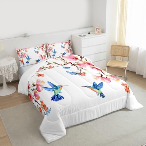 Image of Feelyou Hummingbird Floral Botanical Comforter Set King Size Kids Boys | Nature Butterfly Beautiful Colorful Breathable Duvet Set Quilt Set Room Decor Warm Cozy Lightweight All Season