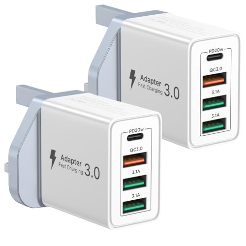 Aioneus USB C Plug, 40W 4-Port Fast Charger Plug UK 2-Pack PD Type C Power Adapter + QC Wall Charger, Charging Plug for iPhone 16 15 14 13 12 11Pro Max,X,SE,Samsung S25 24 S23 22 A56 55 54 53, iPad